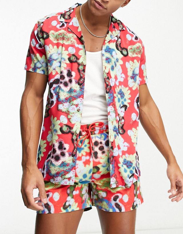 Hunky Trunks beach shirt in red abstract print