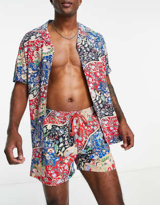 Hunky Trunks beach shirt in red and navy paisley print