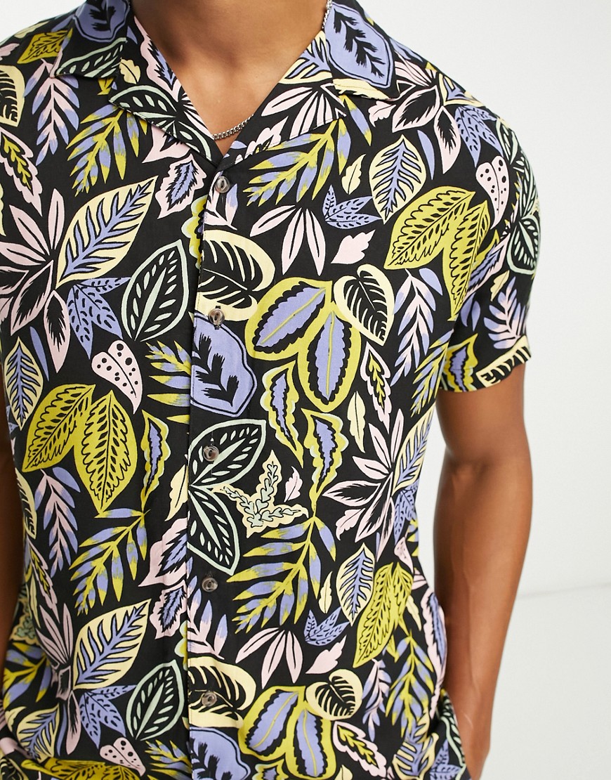 Hunky Trunks Beach Shirt In Yellow Contrast Leaf Print