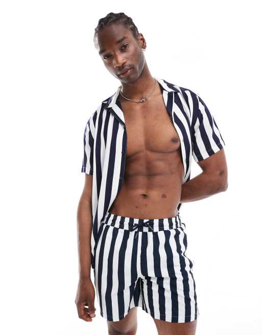 Hunky Trunks - Camicia da mare a righe blu navy e bianche in coordinato