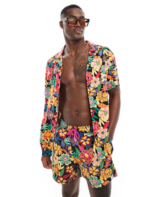 Hunky Trunks - Camicia da spiaggia a fiori hawaiani multicolore in coordinato 