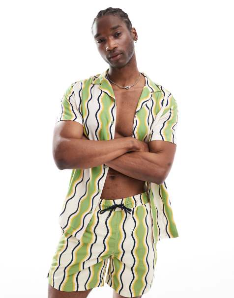Hunky Trunks - Camicia da spiaggia a righe ondulate verdi e bianche in coordinato - view 1