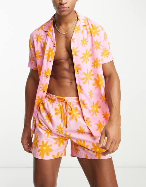 Hunky Trunks - Camicia da spiaggia rosa e arancione con stampa a fiori