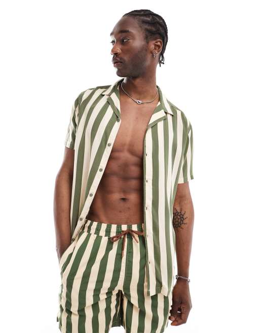 Hunky Trunks - Chemise de plage d'ensemble à rayures - Kaki et crème