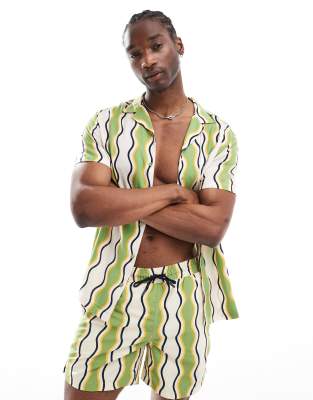 Hunky Trunks - Chemise de plage d'ensemble à rayures ondulées - Vert et blanc - view 1