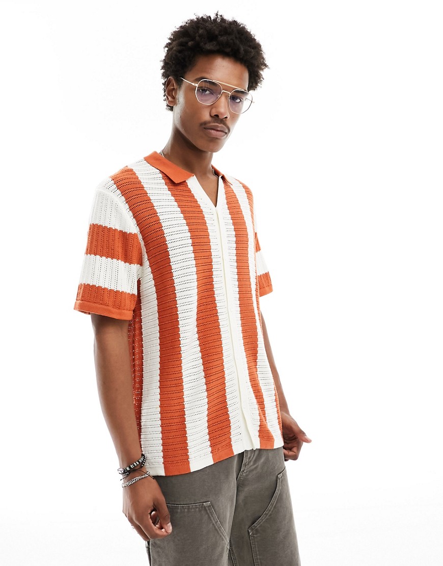 Hunky Trunks Crochet Beach Shirt In Rust Stripe-auburn