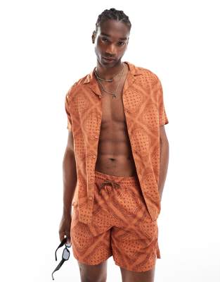 Hunky Trunks Hunky Trunks diamond paisley print beach shirt co ord in rust-Auburn