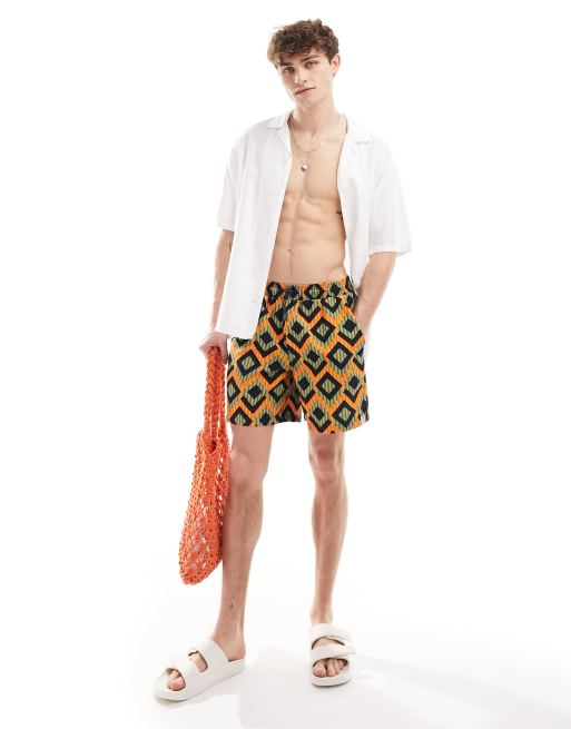 Hunky Trunks geo stripe swim shorts in green and orange, 2 of 4