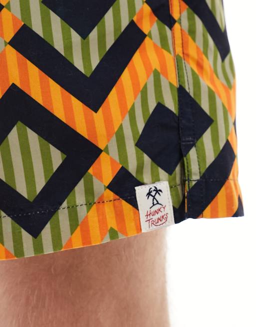 Hunky Trunks geo stripe swim shorts in green and orange, 3 of 4