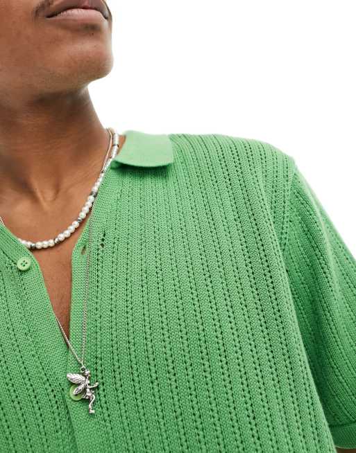 Hunky Trunks knitted pointelle beach shirt in olive, 2 of 4