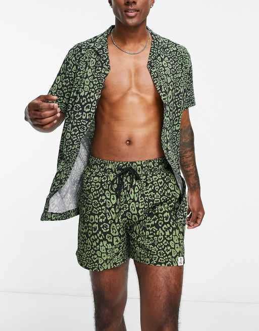 Hunky Trunks – Koszula plażowa w kolorze khaki w zwierzęcy wzór