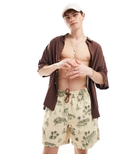 Hunky Trunks – Kremowe szorty kąpielowe w krajobrazowy wzór