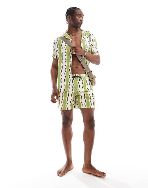 Hunky Trunks - Pantaloncini da bagno a righe ondulate verdi e bianchi in coordinato - view 1