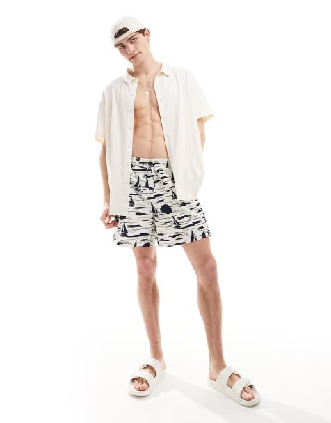 Hunky Trunks - Short de bain à imprimé bateaux au coucher de soleil - Blanc cassé - view 1