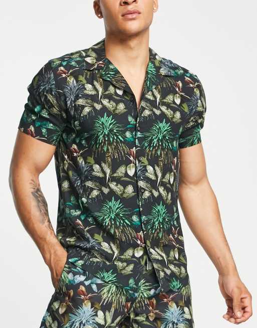 Hunky Trunks - Sort strandskjorte med palmeprint
