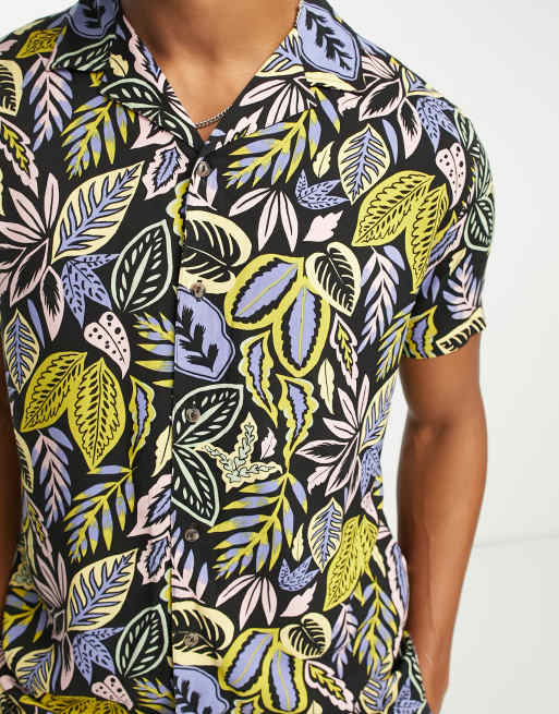 Hunky Trunks - Strandoverhemd in gele contrasterende bladprint