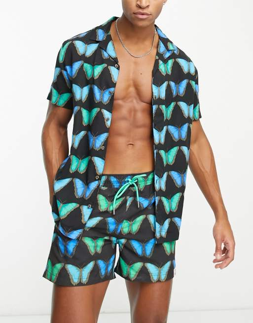 Hunky Trunks - Strandoverhemd in zwart met blauwe vlinderprint