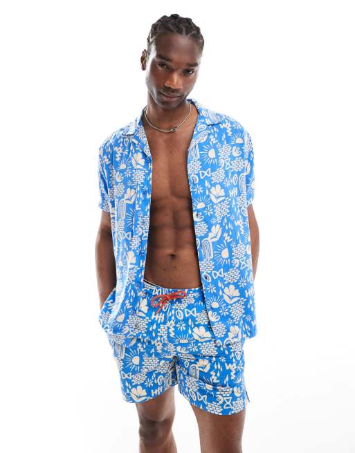 Hunky Trunks - Strandoverhemd met abstract print in blauw, deel van co-ord set
