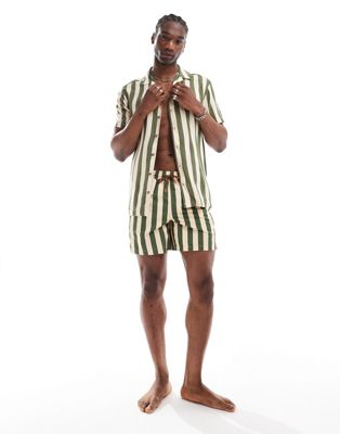 Hunky Trunks Swim Shorts In Khaki And Cream Stripe - Part Of A Set-green