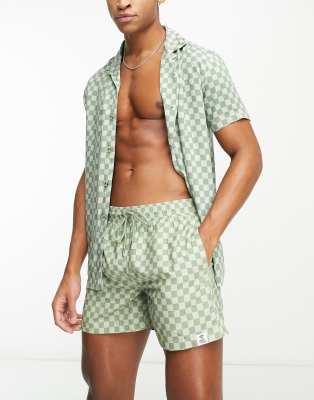 Hunky Trunks Hunky Trunks swim shorts in khaki checkerboard print-Green