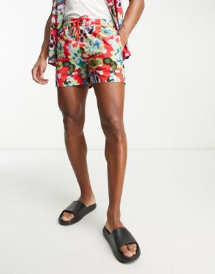 Hunky Trunks swim shorts in red abstract print