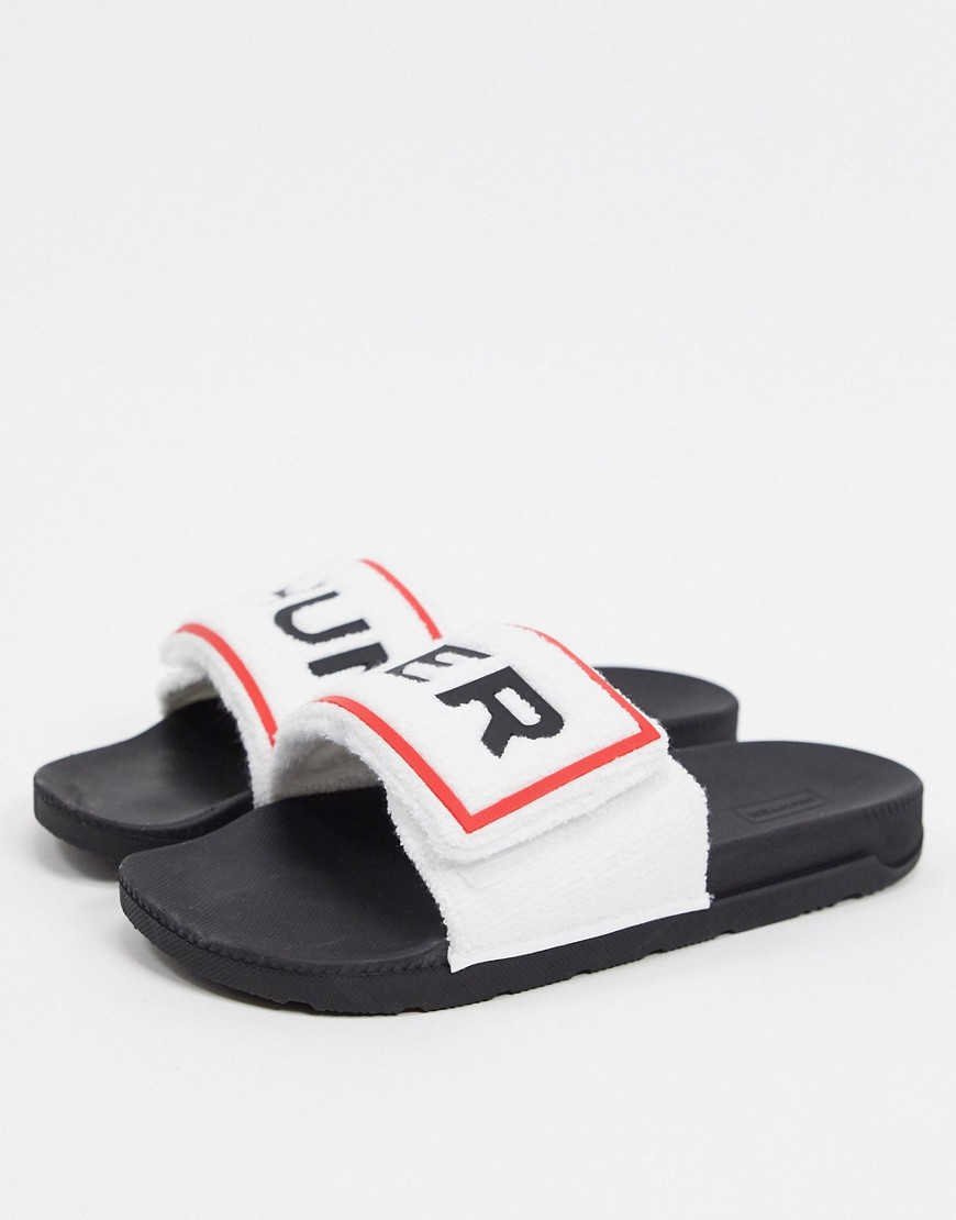 Hunter - Badstoffen slippers met logo in zwart met wit
