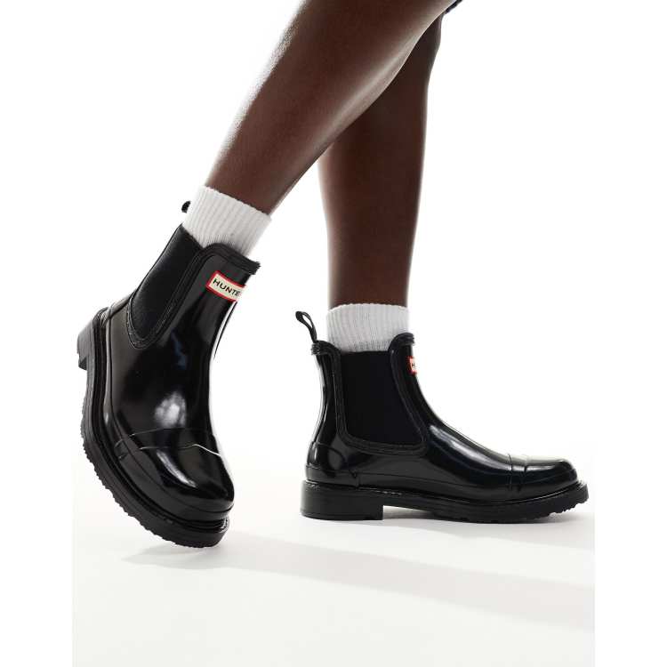 Hunter Commando gloss ankle  wellies in black. 