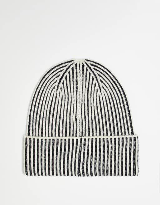 Hunter fisherman knit striped beanie in grey