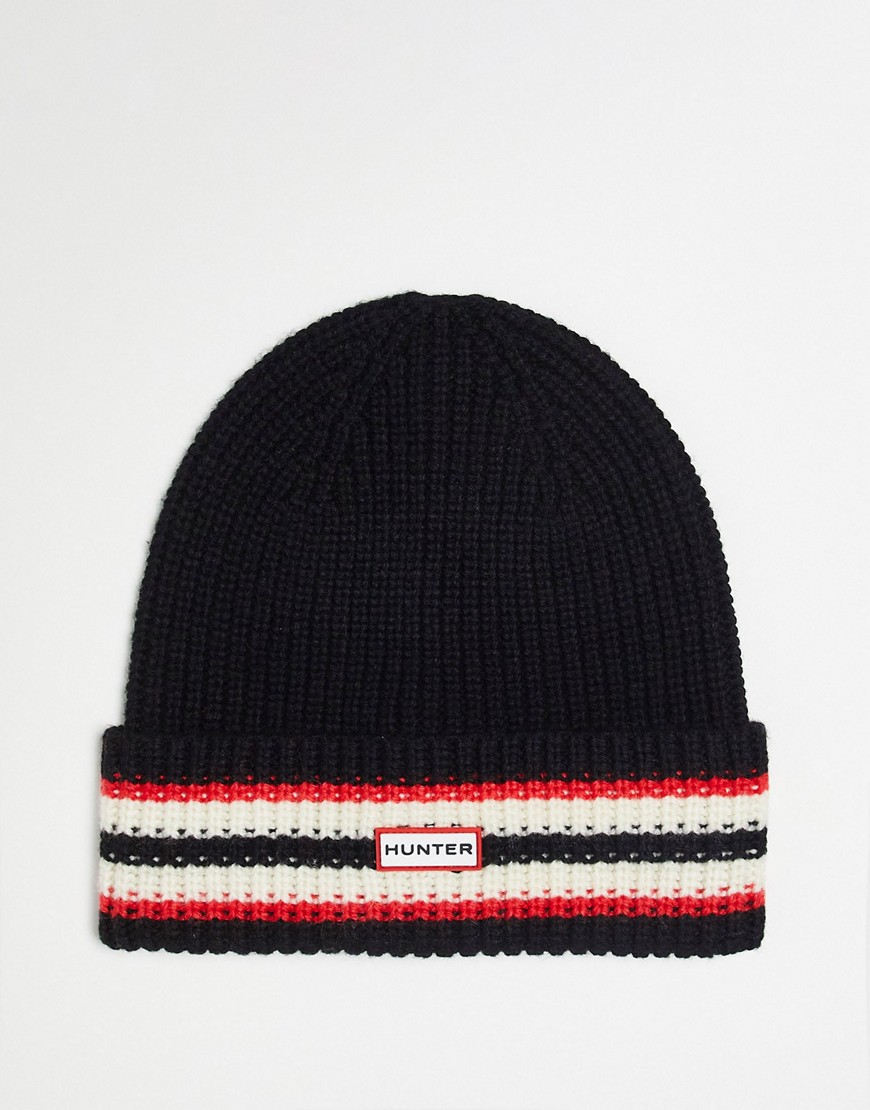 Hunter knitted beanie in black with red stripe
