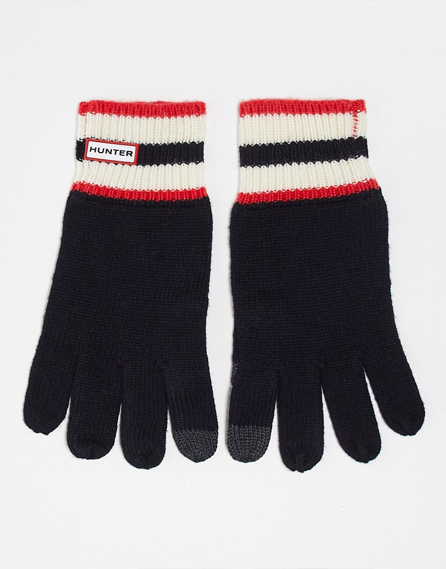 Hunter Logo Knitted Gloves In Black With Red Stripe