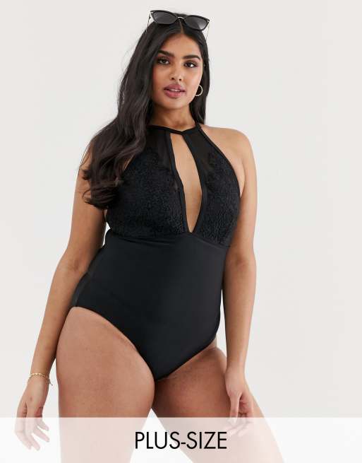 Hunter Mcgrady X Playful Promises Black High Neck Lace Panel Swimsuit Asos