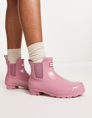 Hunter original chelsea gloss boots in pink - ASOS Price Checker