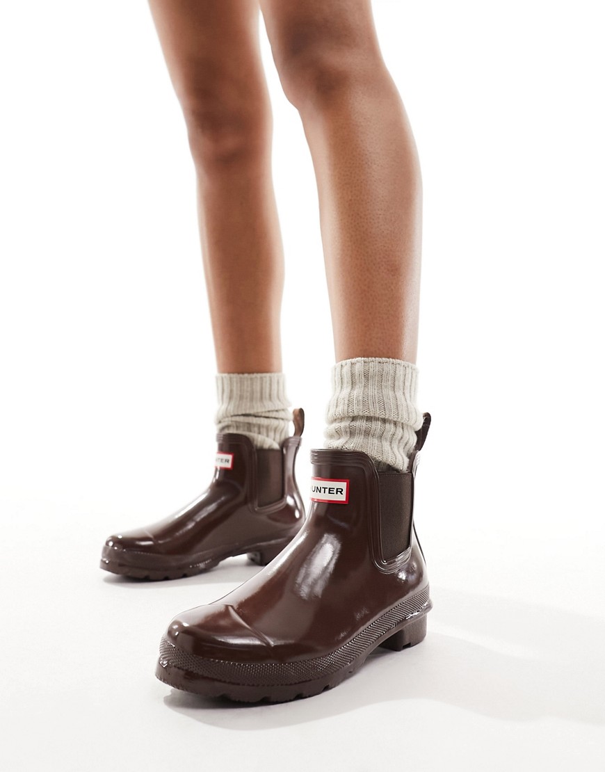 Hunter Original chelsea wellington boots in brown gloss