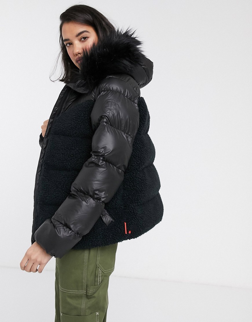 Hunter Original oversized hybrid jacket with borg lining and faux fur hood-Black