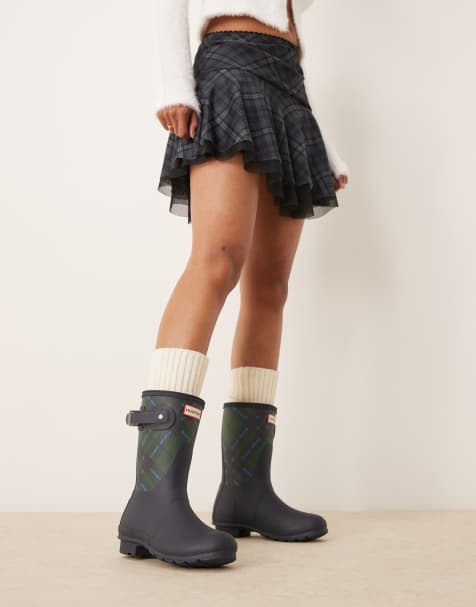 Hunter Original short tartan gumboots in navy - view 1