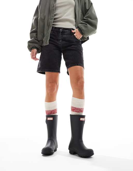 Hunter Original short tri colour logo gumboots in black