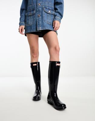 Hunter original tall gloss wellington boots in navy