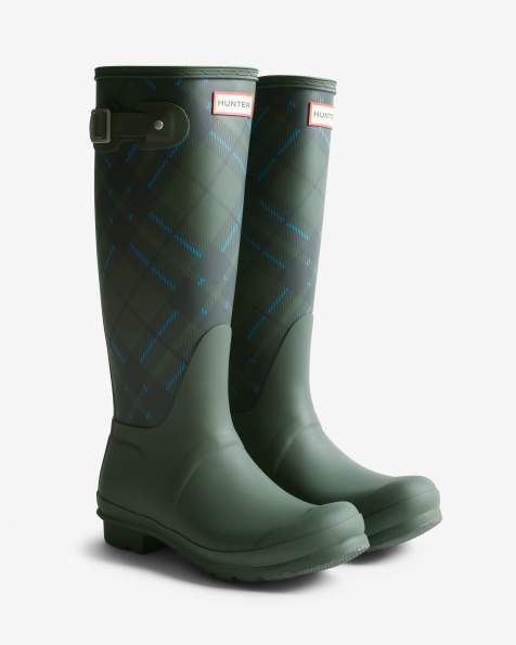 Hunter Original tall tartan print gumboots in dark olive - Exclusive to ASOS - view 1