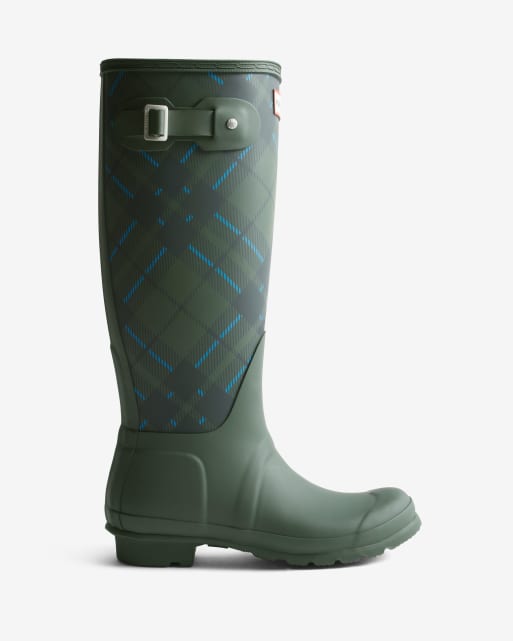 Hunter Original tall tartan print wellington boots in dark olive - exclusive to asos, 3 of 4