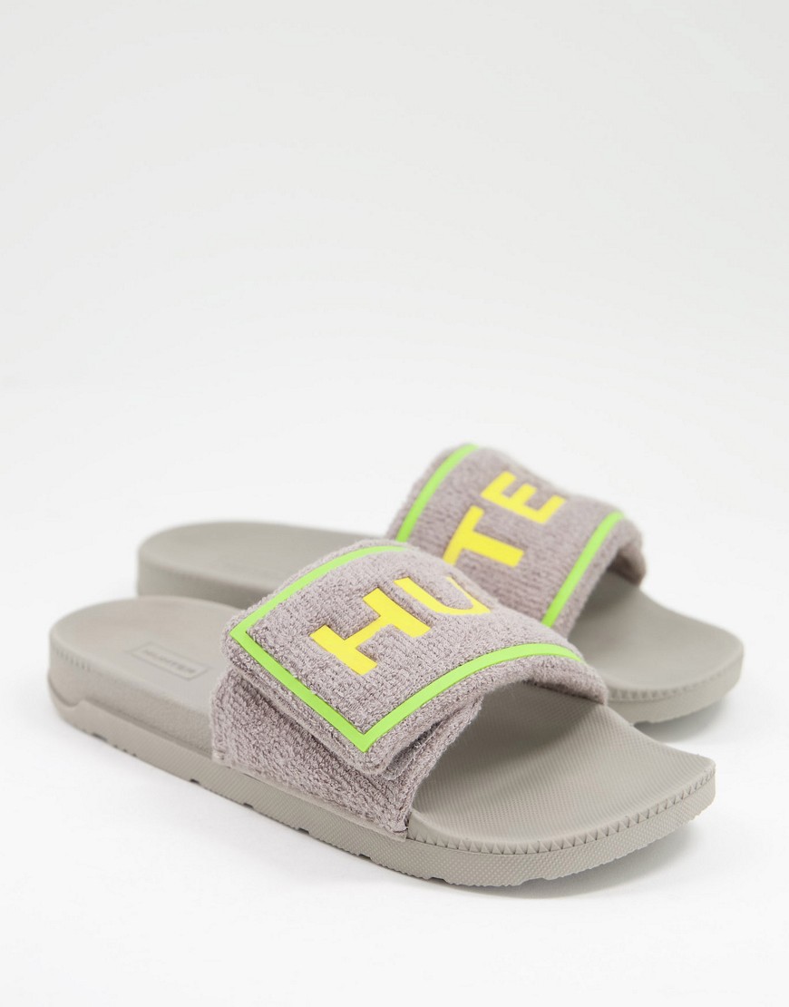 Hunter Originals terry slides in gray and yellow-Grey