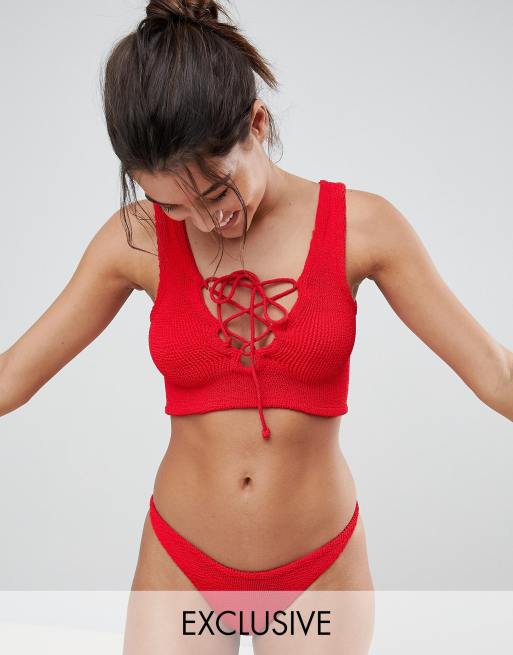 Hunza G - Crop bikiniset met vetersluiting in kreukelstof