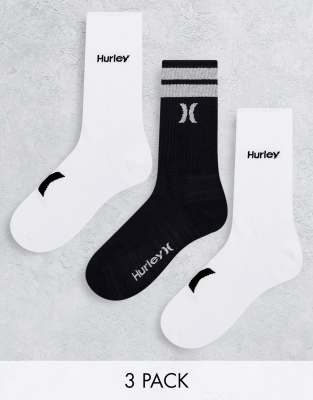 Hurley – Bedruckte Frotteesocken in Schwarz im 3er-Pack
