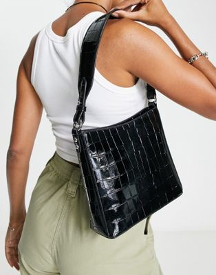 Hvisk Amble vegan leather minimal shoulder bag in patent black gloss croc