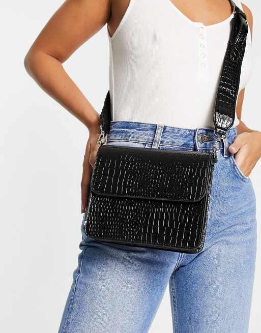 Hvisk Cayman Crossbody tas met krokodilleneffect in zwart BLACK