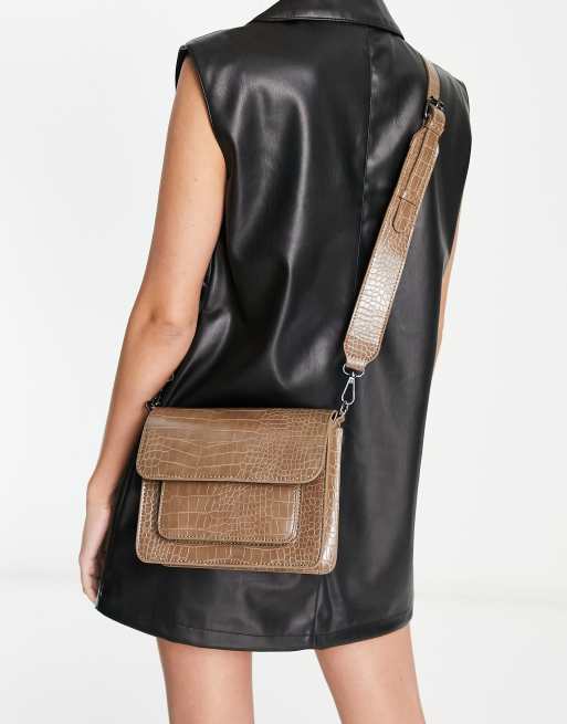 Hvisk Cayman Pocket vegan leather cross body bag in brown croc