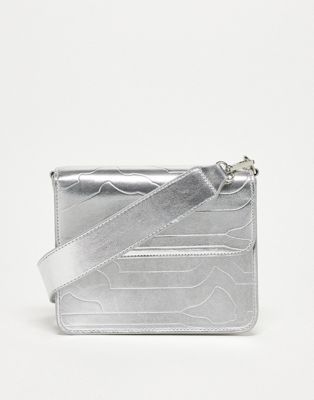 Hvisk Cayman vegan leather metallic cross body bag in textured silver