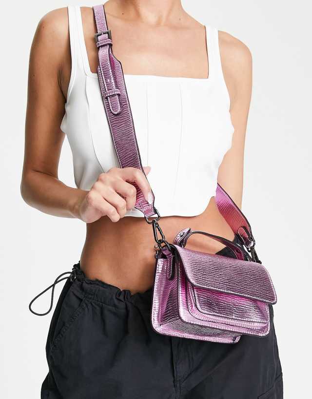 Hvisk Renei vegan leather cross body bag in metallic pink