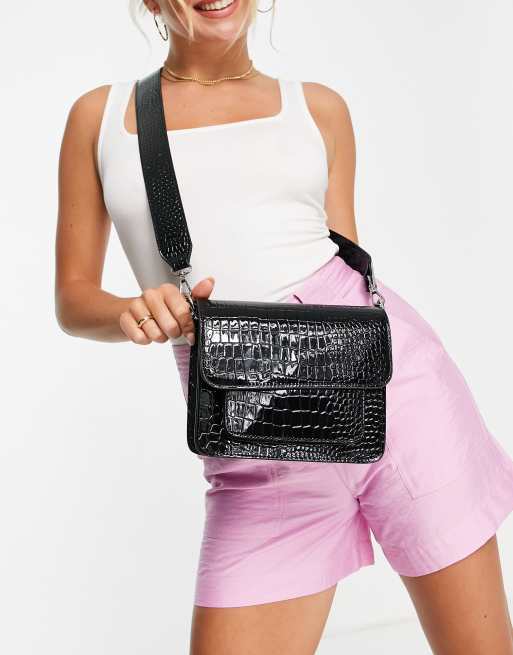 Hvisk Vegan Cayman cross body bag with front pocket in black croc