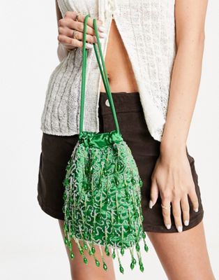 Hvisk embellished drawstring pouch bag in green - LGREEN