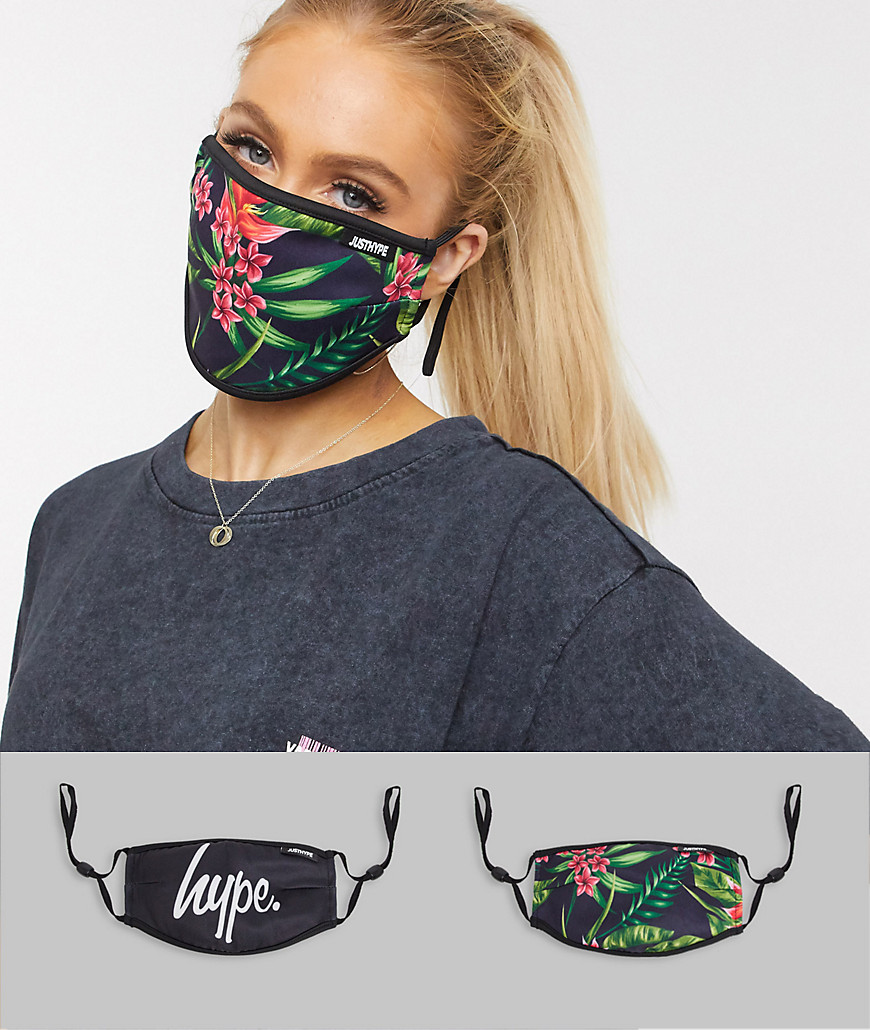 Hype Exclusive 2 pack face covering with adjustable straps in black and floral print-Multi